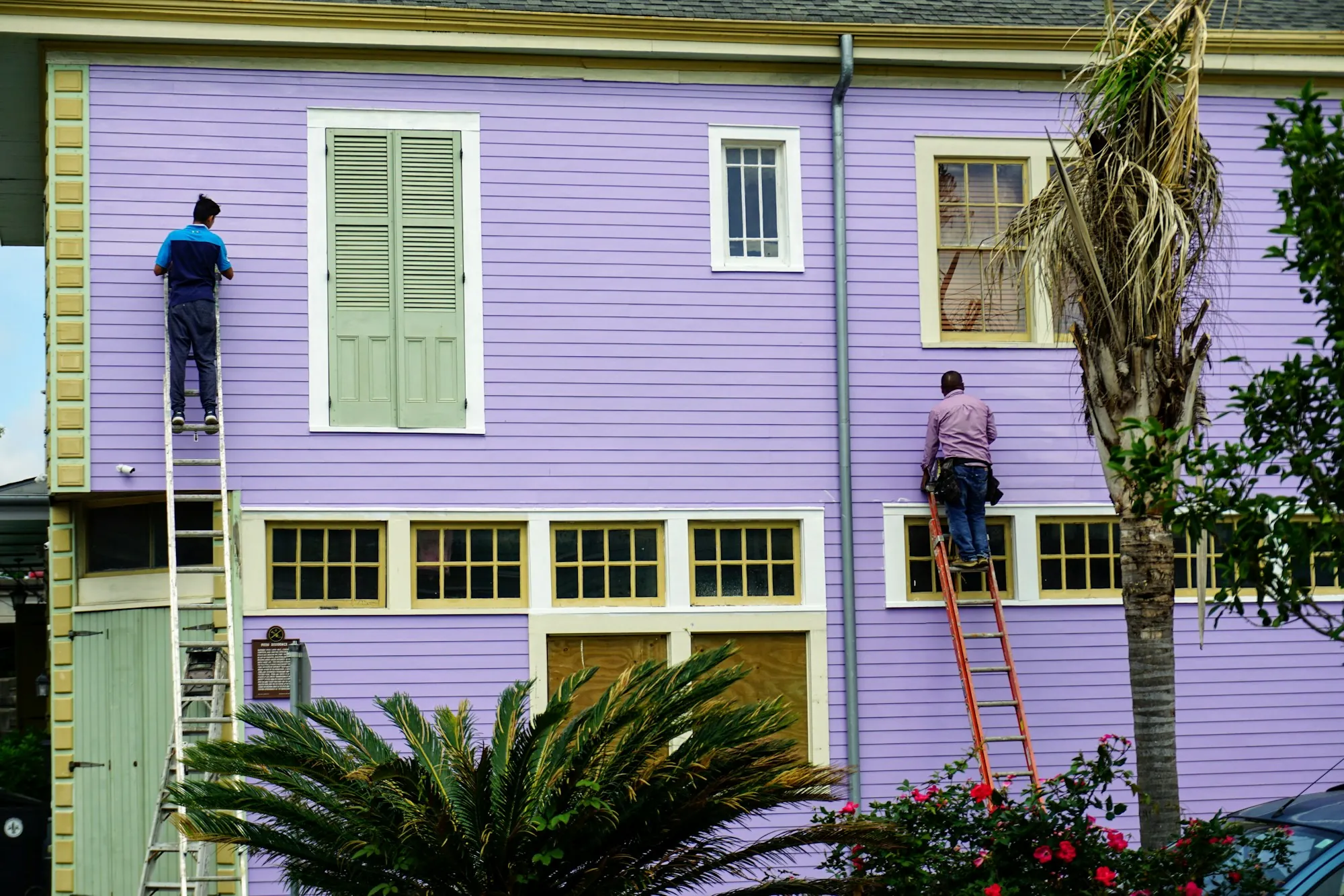Two contractors on ladders against the wall of a house